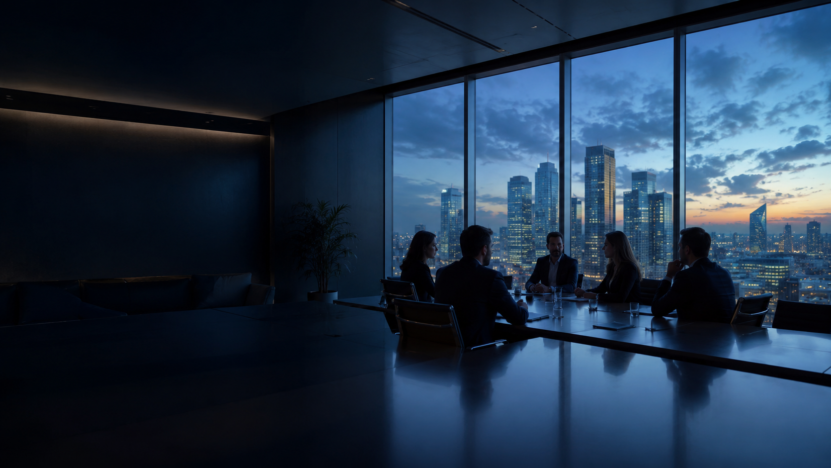 Executivos em reunião estratégica com vista corporativa